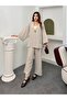 Single Gold Button V-Neck Wide Sleeve Wrinkled Textured Kimono Trouser Set 9110 - Beige - 3