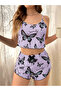 Women's Lilac Butterfly Patterned Shorts Pajama Set Thin Straps Ribbed Crop Tank Top Soft Textured Home Wear - 3
