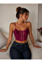 Velvet Lace Detailed Chain Strap Crop Bustier - Black / Burgundy