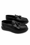 Men's Black, Patent Leather, Matte Tasseled Thick Sole Loafer Shoes, Laceless Casual Shoes - 3