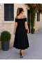 Monaco Elegance - Black Viscose Dress with Lace Detail and Off-The-Shoulder Design - 4