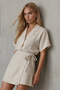 Women's Raw Linen Jacket Collar Oversize Linen Shirt and Tie-Up Shorts Skirt Set Alc-X13941 - 3
