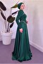 Pearl Detailed Crepe and Satin Combination Flared Hijab Evening Dress - 5