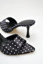 Black Polka Dot Women's Heeled Slippers 9 cm Satin Thin Heel Stylish Event Shoes - 5