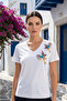 Women's White V-Neck Shoulder 2 Bird Sequin Embroidered 100% Cotton Combed Fabric Short Sleeve Blouse - 2