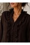 Women Coffee Ruffle V-Neck Long Sleeve Crepe Shirt Stylish Casual Blouse - 2