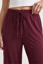 Women's Plum Color Elastic Waist Lace-Up Wide Leg Pants - 2