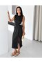 Women's Pique Textured Modal Sleeveless Waist Gathered Gold Brooch Slit Elegant Midi Dress - 4