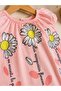 100% Cotton Linen Fabric Daisy Patterned Baby Girl Tunic & Half-Leggings - Top and Bottom Two-Piece Set - 4