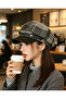 Luxurious Detailed Plaid Brush Hat with Faux Leather Band and Gold Accessory, Plaid Patterned Leather Visor - 4