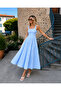 Blue and White Gingham Pocketed Square Collar Flounce Mid-Length Cotton Dress - 3