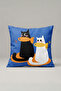 Blue Background Black and White Two Cats Patterned Cushion Cover 317 – Cat Duo Design 45X45 cm