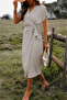 Women's Short Sleeve Double Breasted Collared Waist Belted Midi Woven Viscose - 3