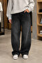 Unisex Anthracite Washed Baggy Jeans with Stitching Detail - 3
