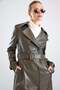Leather Trench Coat with Cape Detail and Snap Closure Haki̇ 6875 - 6