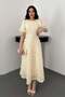Women's Beige Midi Rose Appliqué Balloon Sleeve Round Neck Lined Event Dress