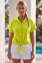 Yellow Shirt Collar Short Sleeve Buttoned Embroidered Hem Tie Casual Cotton Crop Woven Blouse 55 63 - 2
