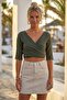 Khaki Double-Breasted Collar 3/4 Sleeve Tie-Up Casual Muslin Crop Fit Woven Blouse 40 60