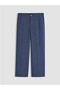Navy Blue Elastic Waist Linen Blend Women's Trousers - 2