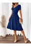 Women's Short Sleeve V Neck Front Button A-Line Woven Dress - 2