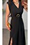 Women's Short Sleeve Padded Front Buckle Side Slit Long Imported Crepe Dress - 2