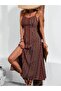 Women's Rope Strap Wide V-Neck Patterned Slit Single Jersey Midi Dress - 3