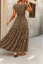 Women's Leopard Patterned Double Breasted V-Neck Waist Cinched Short Sleeve Flounce Midi Length Summer Dress - 3