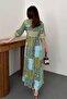Women's Green Maxi Dress Patchwork Floral Pattern Gathered Waist Lace-Up Collar - 5