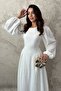 Women's White Long Sleeve Gathered Balloon Sleeve Round Neck Maxi Dress - 3
