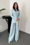 Women's Blue Jacket Pants Set Waist-Tied Jacket Lapel Wide Leg Woven