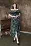 Women's Khaki Plaid Carmen Collar Lace Detailed Belted Midi A-Line Dress - 2