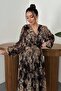 Women's Black Floral Patterned Glitter Belted V-Neck Long Sleeve Maxi Dress - 3