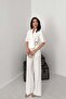 Women's Ecru Jacket-Pants Set Buckle Jacket Pants Set Short Sleeve Jacket Lapel Wide Leg Woven - 2