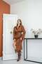 Women's Brown Satin Midi Shirt Collar Leather Trim Belted Slit Dress