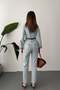 Women's Snow Washed Denim Jumpsuit Shirt Collar Buttoned High Waist Long Sleeve - 5