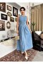 Women's Light Blue Denim Midi Dress with Backless Design and Tie Detail, Sleeveless - 7
