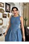 Women's Dark Blue Denim Midi Dress with Backless Tie Detail, Sleeveless - 3