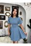 Women's Light Blue Mini Denim Dress with Balloon Sleeves, Crew Neck, and Stitching Detail - 5