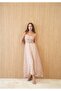 Women's Pink Floral Patterned Strapless Midi Dress with Scarf Detail - 3