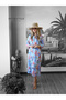 Coral Patterned Slit Shirt Dress |   Blue Summer Midi Dress - 2