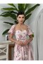 Women's Floral Pattern Pink Floral Print Chiffon Midi Dress Heart Neckline Balloon Sleeves - 3