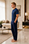 Men's Indigo Blue Buttoned Collar Textured Cotton Long Pants Pajama Set Comfortable Home Wear - 3