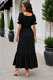 Elegant Elegance in Black - Women's Double-Breasted Collar Balloon Sleeve Long Tricot Dress with Ruffle Detail and Waist Belt - 4