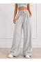 Women's Light Gray Melange High Waist Lace-Up Front Stitching Detailed Wide Leg Sweatpants - 2