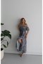 Women's Short Sleeve Madonna Collar Ruffled Waist Slit Maxi Single Jersey Dress