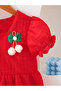 Girls Red Embroidered Cherry Textured Dress - 4