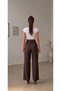 Women's Brown Lycra Button Detailed Pleated Palazzo Pants High Waist Scuba Crepe Wide Leg Trousers(Promotional Price) - 6
