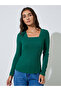 Green Square Neck Long Sleeve Fitted Knit Top - 3