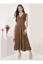 Brown Cap Sleeves Rushed Fit And Flare Midi Dress