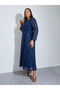 Plus Size Nave Blue Floral Embroidery Jacquard A-Line Maxi Dress - 2